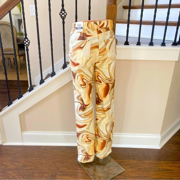 NWT ZARA Mid Rise Straight Leg Brown Swirl Jeans, size 0 - Picture 4 of 13